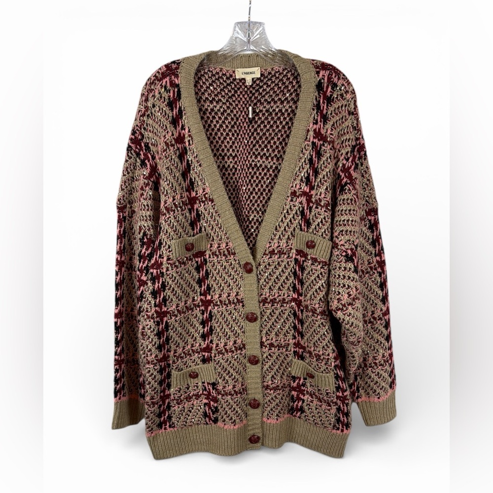 L'AGENCE Maci Sequin Houndstooth Cardigan Burgundy & Cream - Picture 2 of 6